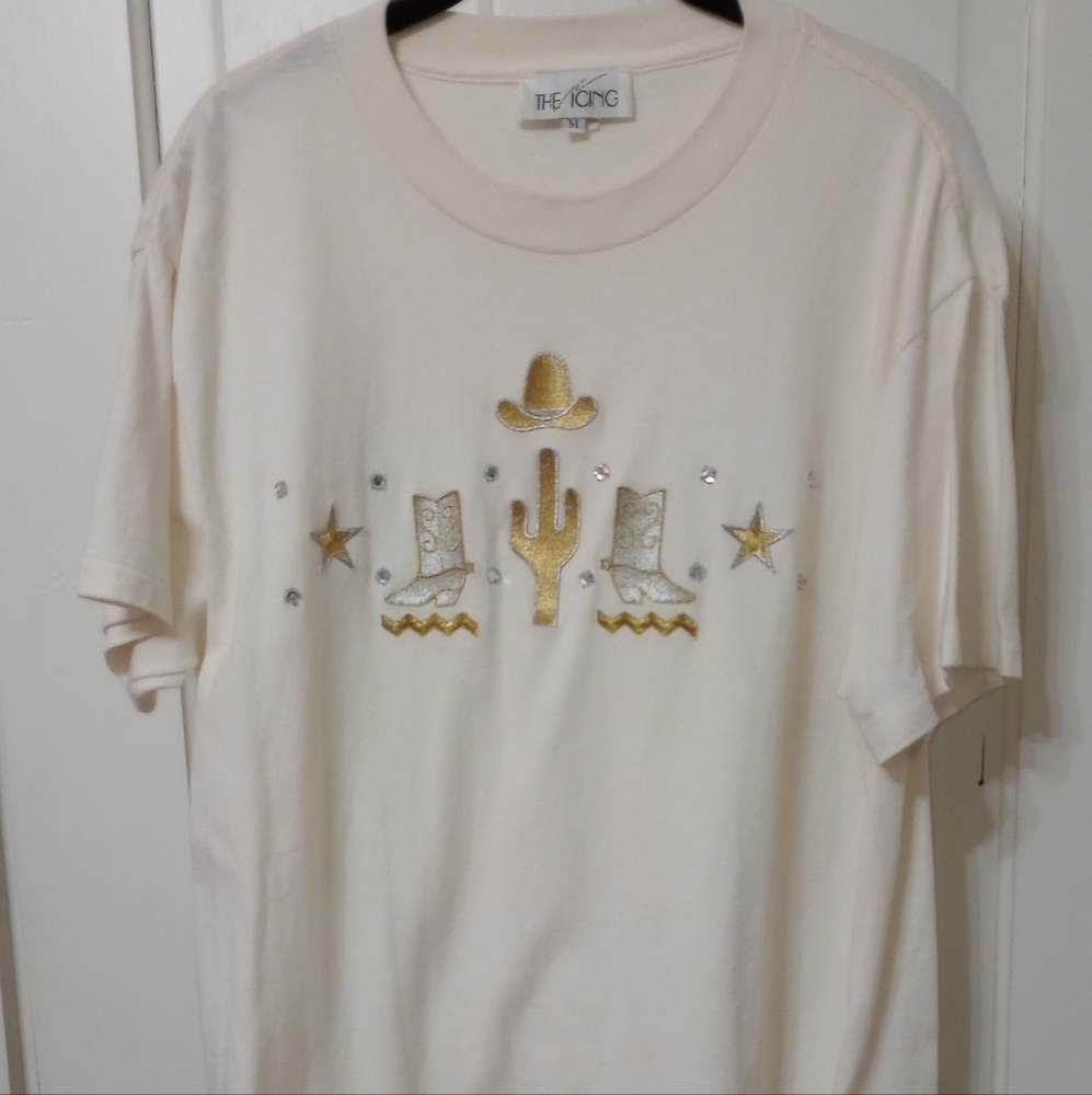 VTG THE ICING made in USA Western Cowgirl Bling Studded Embroidered T-shirt